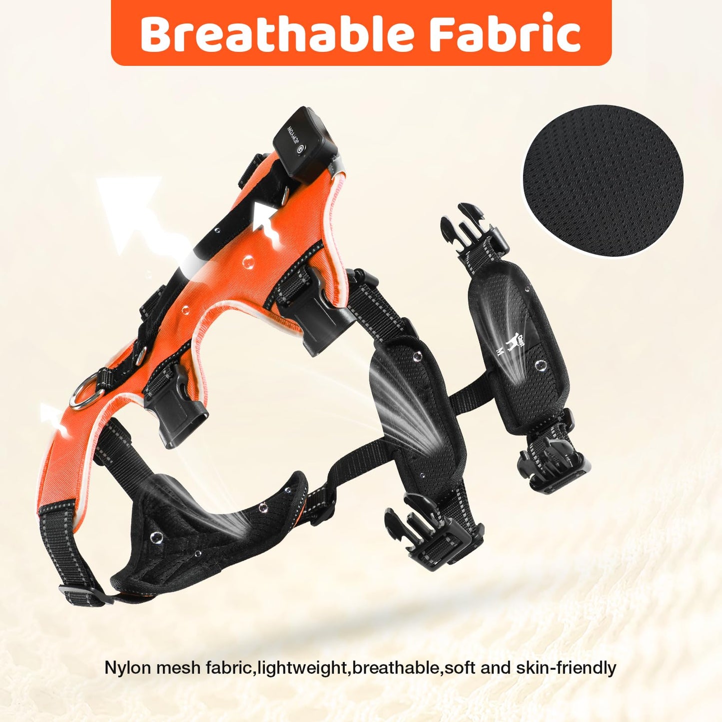 LED Dog Harness - No Pull, Rechargeable, Reflective, Glows in Dark - Orange, Medium