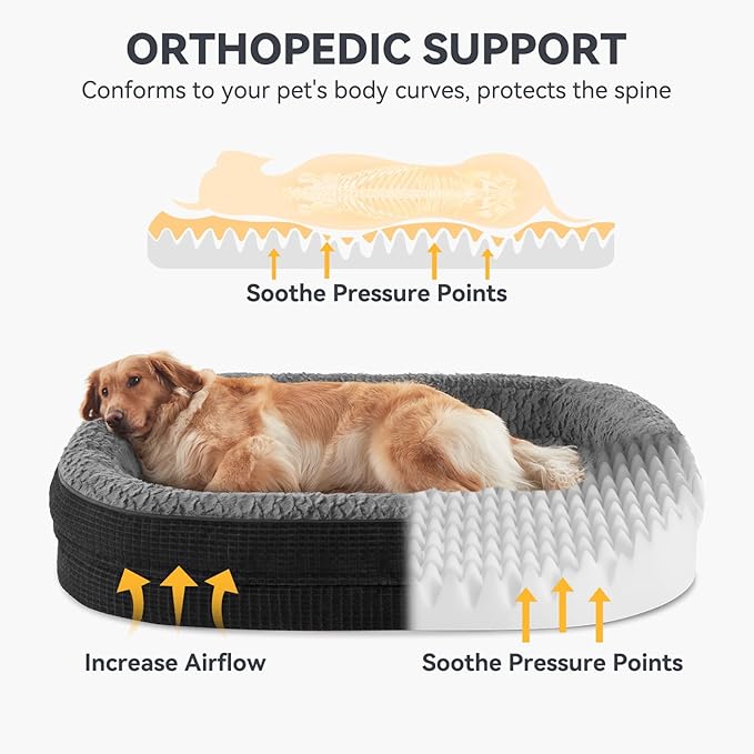 JOEJOY Orthopedic Dog Beds Large Sized Dog, XL Egg-Crate Memory Foam Pet Couch Bed with Bolster Sides, Waterproof Lining, Removable Washable Cover & Non-Slip Bottom, Black