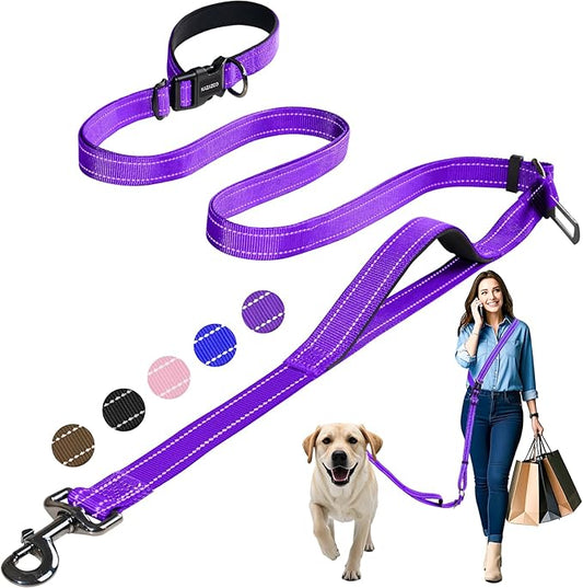 Hands-Free Dog Leash with Adjustable Length 6-9FT + Dual Padded Handles Reflective Safety for Walking, Jogging & Training | Suitable for Medium to Large Dogs & Puppies Purple-L