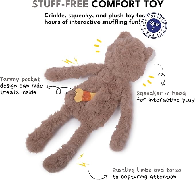Stuffless Dog Toy, Plush Puppy Squeaky Toy with Bear Design for Foraging Snuggling Fetch Retrieve, No Stuffing Crinkle Snuffle Puzzle Chew Toy for Small Medium and Large Dogs