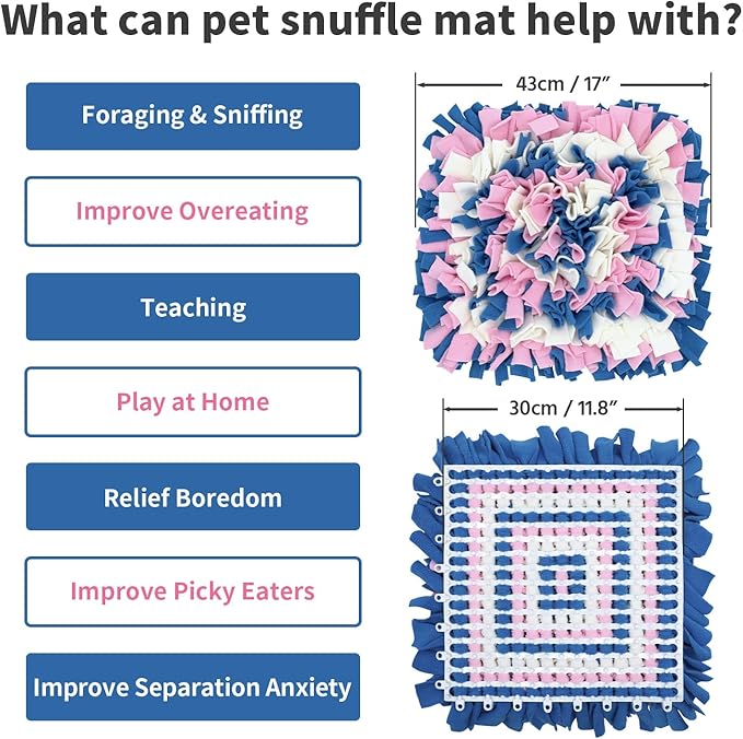 Pet Snuffle Mat for Dogs, Dog Feeding Mat, Nosework Training Mats for Foraging Instinct Interactive Puzzle Toys (Blue&Pink&White)