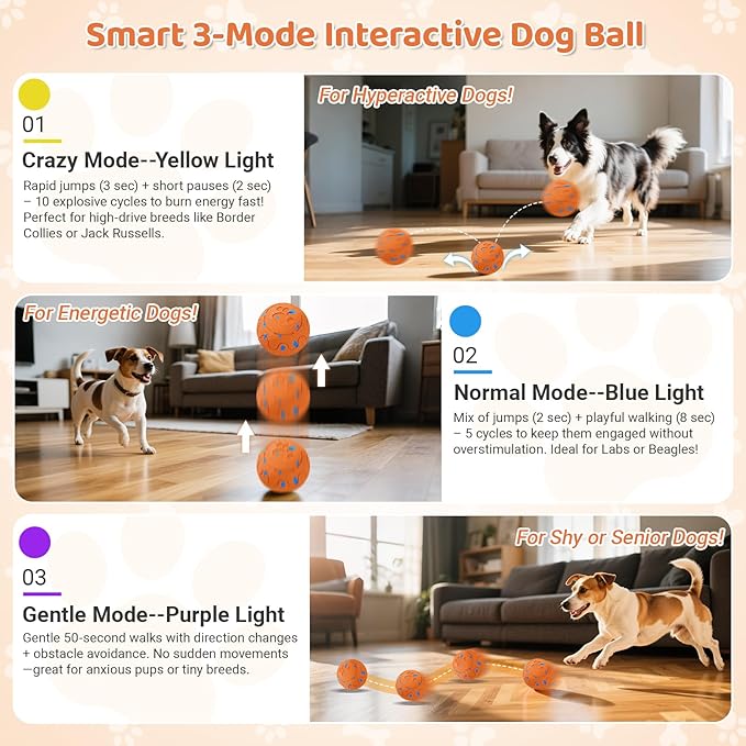Self-Moving Dog Ball Interactive Dog Toy with Automatic Rolling, Bouncing & Vibration to Keep Dogs Entertained Chew-Proof & Waterproof for Small/Medium Breeds, O15-Orange