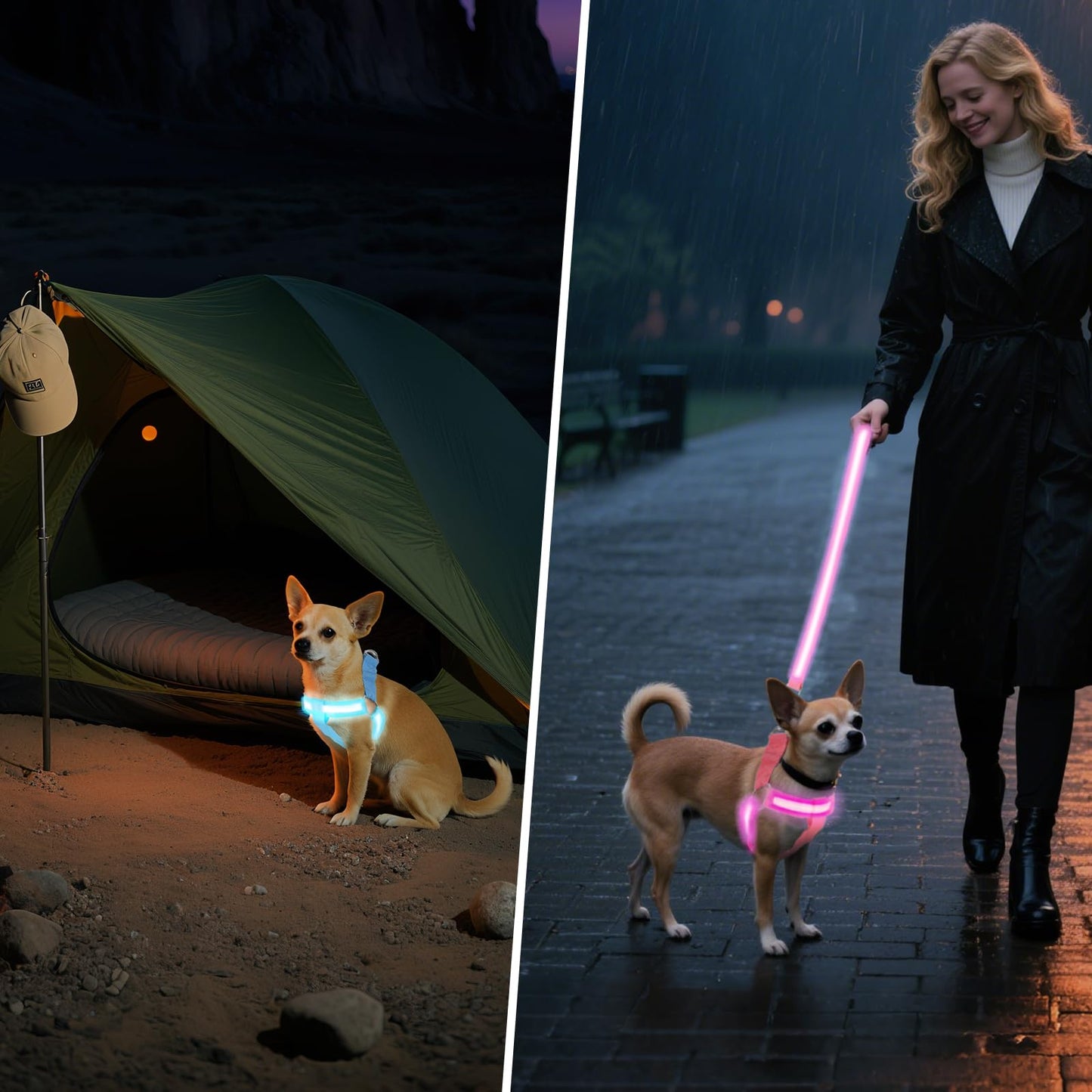 QVEEQ Light Up Dog Harness, led Dog Collar Rechargeable, Lighted Dog Collars for Night Safety Walking Camping Adjustable, Three Lighting Modes (Blue, S)