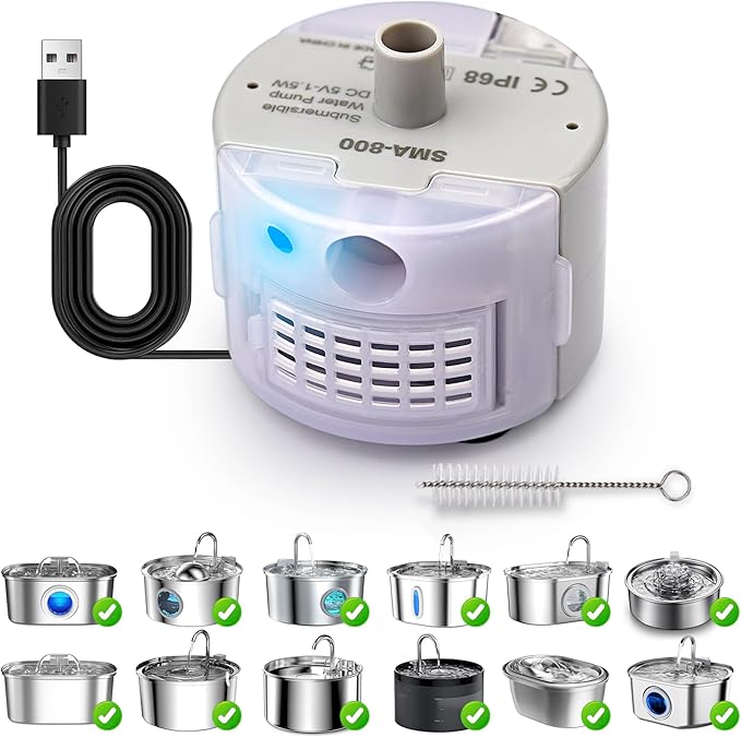 Cat Water Fountain Pump,Cat Fountain Pumps Replacement SMA-800 Submersible Motor for Pet Water Fountain and Stainless Steel Cat Water Dispenser (Pump With Brush)