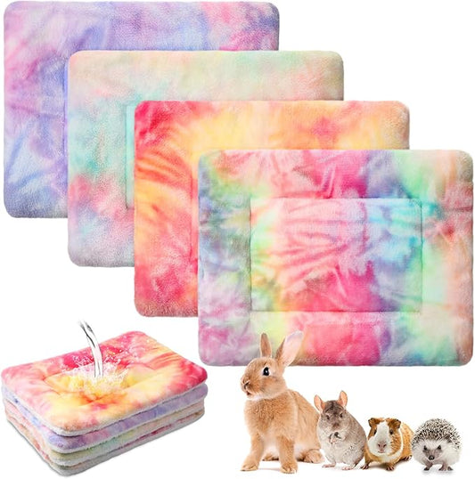 Haull 4 Pcs Waterproof Guinea Pig Bedding Winter Guinea Pig Bed Plush Cage Liners Soft Dog Cat Mat Reversible Winter Cozy Animal Pee Pad Hamster Bed Mat for Bunny(Tie Dyed,13 x 10 Inch)
