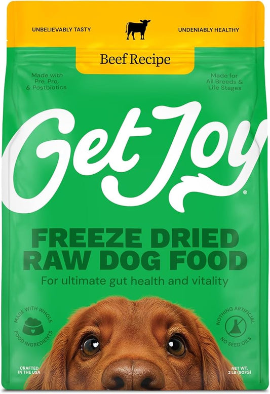 Get Joy Gut Health Fresh Freeze Dried Raw Meal, Beef Recipe, 32 Ounce Bag, Dog Food for Dogs of All Breeds and Life Stages, PhD Animal Nutritionist Formulated, USDA Beef, Made in USA