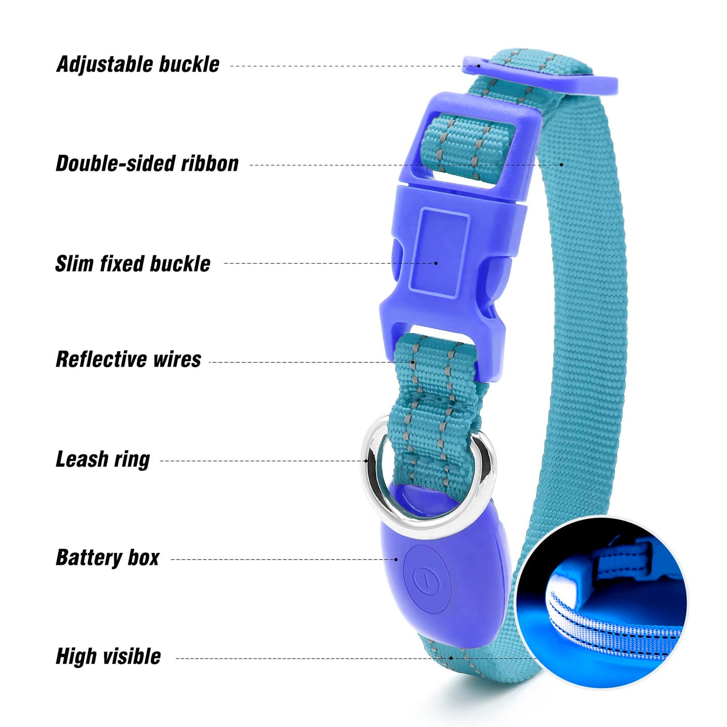 Visinite Light Up Dog Collars for Small Dogs,LED Dog Collar Light Rechargeable,Fully Adjustable Lighted Dog Collar,Glow in The Dark Dog Collars with Dog Lights for Night Walking,Blue