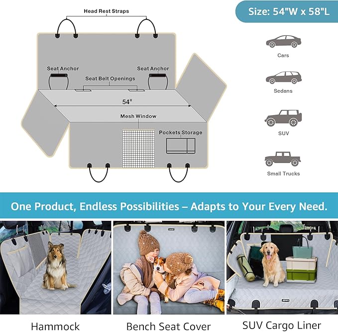 Lassie Dog Car Seat Covers for Back Seat, Waterproof Dog Car Hammock with Mesh Window Durable Scratch Proof Nonslip Pet Carseat Covers Universal Fit Protector for Cars, Trucks & SUVs