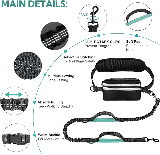 Hands Free Dog Leash with Pouch, Double Leash for Two Dogs, Retractable Bungee with Double Padded Handles, Waist for Dog Walking, Running for Dogs, Dog Walking Accessories