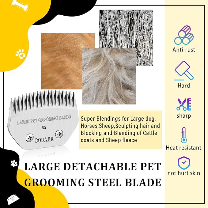 Large Detachable Pet Dog Grooming Steel Blade,Compatible with Andis Super Blending,Oster A5,Wahl KM10 Series Clippers for Large Dog,Horses,Sheep，Cut Length 1/50"