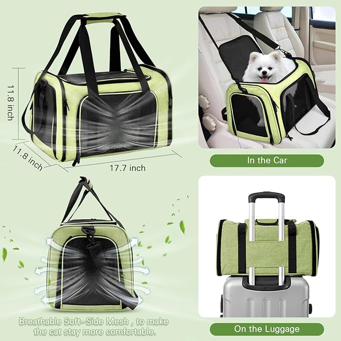 Cat Carrier Soft-Sided & Folding Cat Travel Litter Box, Fit for Pet Up to 20Lbs, 17.7' * 11.8 * 11.8 inches Cat Bag for Traveling & Camping， Green Cat Travel Carrier Kit