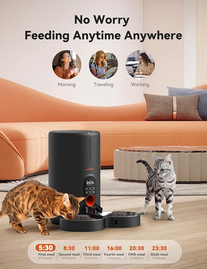 WOPET Automatic Cat Feeders 2 Cats-Timed Cat Feeder with Stainless Steel Bowl, Programmable 1-6 Meals Control, Dual Power Supply Auto Pet Feeder for Cats and Dogs