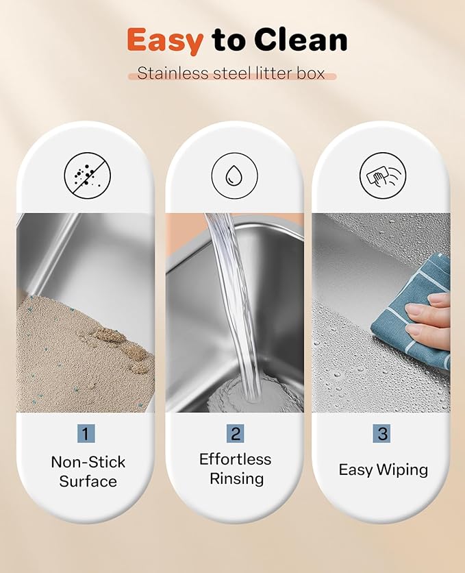 Stainless Steel Litter Box with Lid, 23.5" L x 15.8" W x 10.5" H, Large Metal Cat Box for Big Cats, High Sided Kitty Litter Box with Scoop & Pee Pads, Non-Sticky, Anti-Leakage, Easy to Clean (Gray)