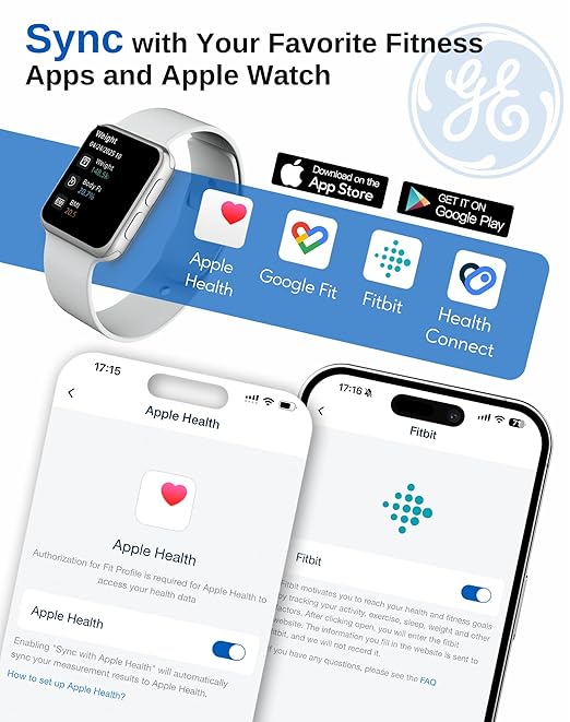 GE Smart Scale for Body Fat, BMI Muscle Mass Digital Bathroom Weight Scales Bluetooth Electronic Body Composition Monitor for People with App Large Display, Accurate 400lb Weighing