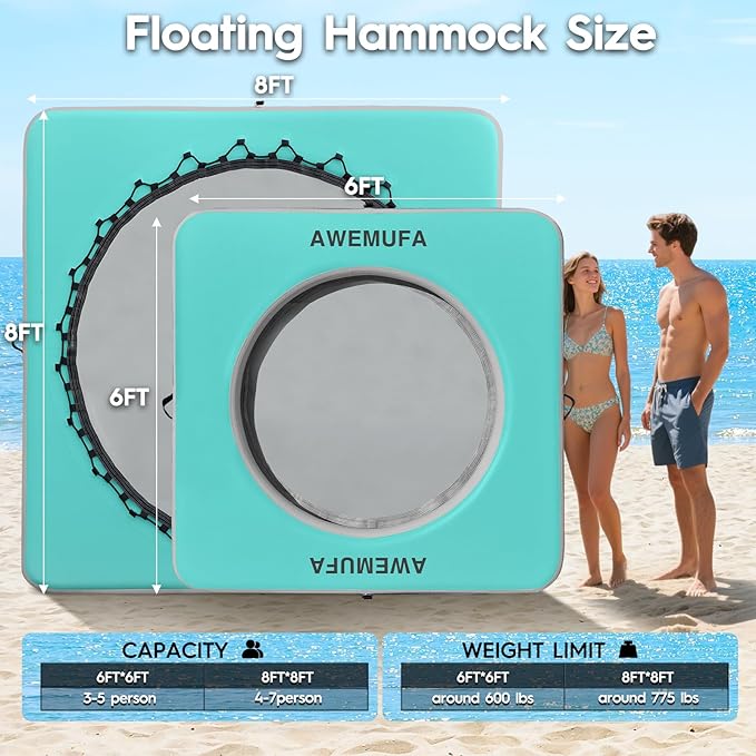 Inflatable Dock Floating Platform with Mesh, Heavy Duty Water Hammock Floats Floating Ring, Tanning Pool Hammock Inflatable Raft Mat Lake Floats for Adults Ocean