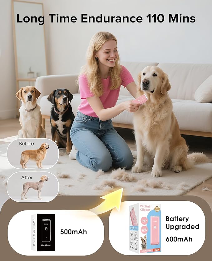 Dog Clipper for Matted & Long Hair,Quiet Pet Paw Hair Trimming Groomer,Handy Cordless Rechargeable Waterproof Shaver Kits for Cats,Small Dogs & Animals Pink
