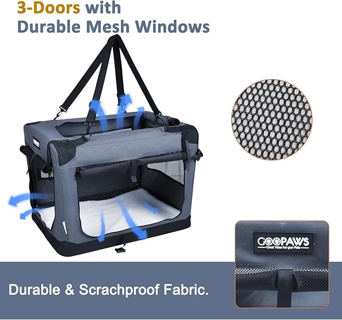 JESPET 27'' Soft Dog Crates Kennel for Pets, 3 Door Soft Sided Folding Travel Pet Carrier with Straps and Fleece Mat for Dogs, Cats, Rabbits, Grey Blue & Beige (27" L x 20" W x 20" H, Grey)