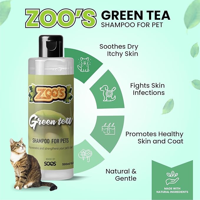 Zoo’s Pet Dog Shampoo Green Tea for Cats and Pets Vitamins E and C Nourish Skin, Promote Growth of Soft Lustrous Fur - 500ml