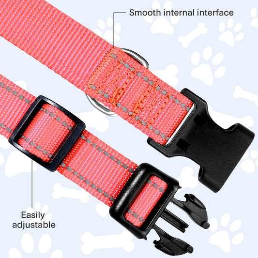 FunTags Reflective Dog Collar, Sturdy Nylon Collars for Medium Girl and Boy Dogs, Adjustable Dog Collar with Quick Release Buckle, Neon Pink
