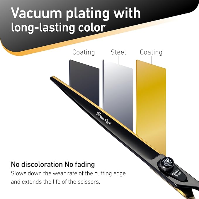 Fenice Peak 8'' Black Dog Grooming Scissors Goldern Straight Shears with Ergonomic Offest Handle and Pattern Screw Pet Grooming Trimming Shears Durable and Sharp 440C