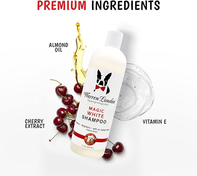 Warren London Magic White Dog Shampoo | Whitening Shampoo for White Dogs & Lighter Dog Coats | Puppy and Cat Safe Grooming Supplies | Cherry Scent | Made in USA | 17oz
