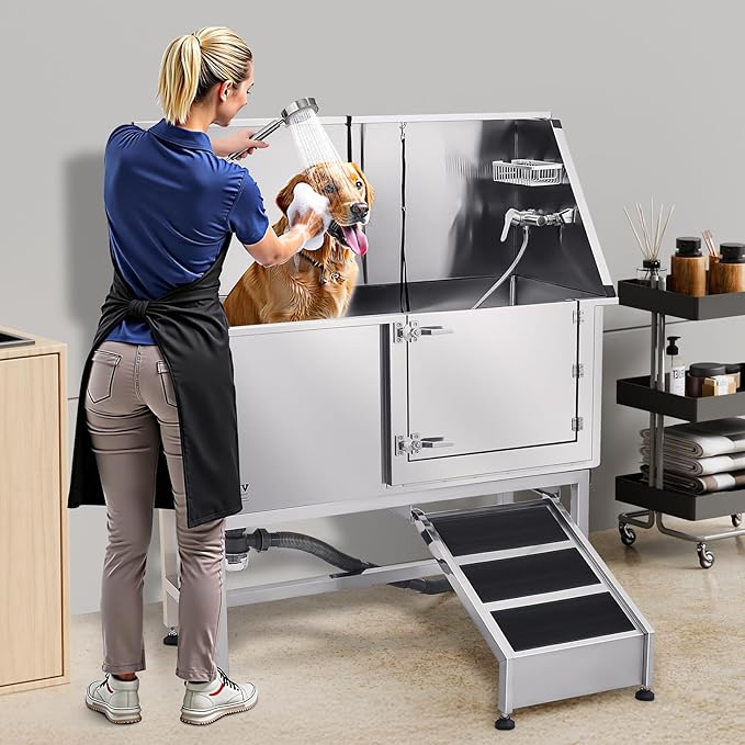 VEVOR Stainless Steel Dog Washing Station, Professional 62 inch Pet Grooming Tub w/Ramp, PE Water Filter Board, Faucet & Showerhead & Soap Holder Bathtub for Large & Medium & Small Pets (Right Door)