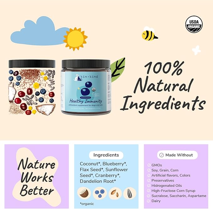 kin+kind Dog Supplement Powder - Supplement for Dogs & Cats for Healthy Immunity - Bladder Support - Natural Formula with Organic Cranberry, Blueberry and Coconut - Made in USA - 8 oz (Large)
