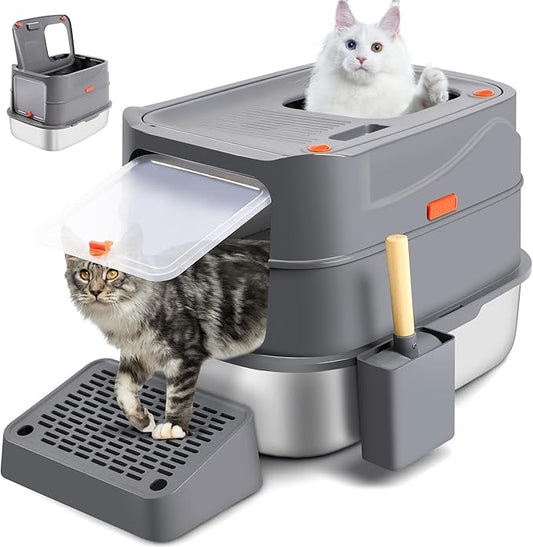 Stainless Steel Litter Box with 180° Flip-Top Lid, XXL 23.6”x 15.7”x 15.7” Enclosed Removable Metal Litter Cat Box with Filter Pedal, Scoop, Anti-Leakage, Non-Sticky, Easy Cleaning (Dark Gray)