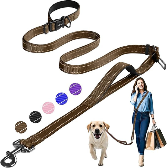 Hands-Free Dog Leash with Adjustable Length 6-9FT + Dual Padded Handles Reflective Safety for Walking, Jogging & Training| Suitable for Medium to Large Dogs & Puppies Brown-L