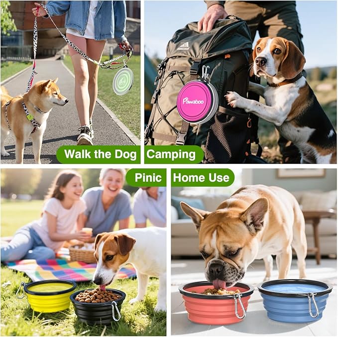 Pawaboo Collapsible Dog Bowls 2 Pack, Silicone Feeding Watering Bowls with Lids & Carabiners for Dogs Cats, Portable Water Feeder Food Bowl for Walking Traveling Home Use, Pink + Green