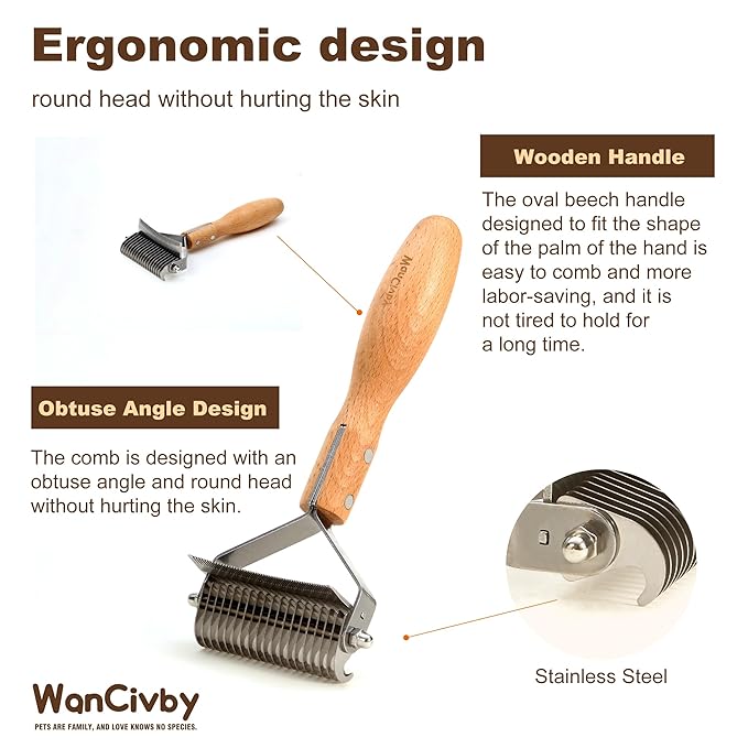 3-in-1Dematting & Deshedding Comb Undercoat Rake for Cats& Dogs，Detangling Matted Fur & Hair Remover Tool Pet Grooming Rake for Shedding and Dematting，Ergonomic beech wood handle (Round Handle)