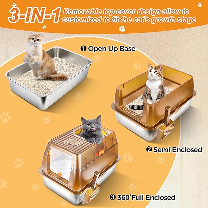 Stainless Steel Cat Litter Box with Lid, XXL Extra Large Enclosed Litter Box for Big Cats High Sided Metal with Removable Lid & Scoop, Front &Top Entry Odor Free, Anti-Leakage, Easy Cleaning