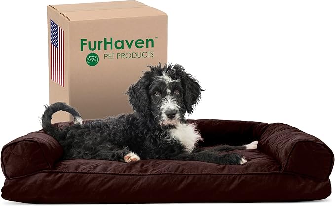 Furhaven Pillow Dog Bed for Large/Medium Dogs w/ Removable Bolsters & Washable Cover - Quilted Sofa - Coffee, Large