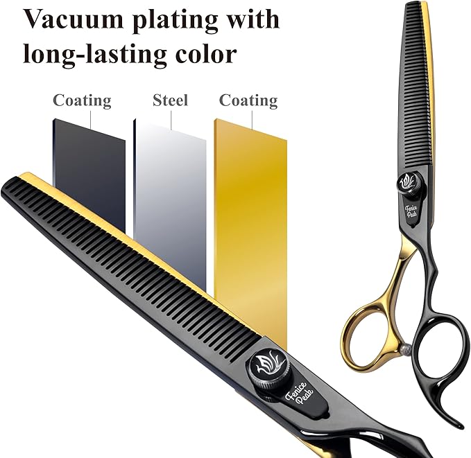 Fenice Peak 7'' Black and Gold Two-color Dog Grooming Scissors Set Straight Thinning Curved and Chunker Shears 4PCS Set with Pattern Screw and Ergonomic Offest Handle 440C Sharp and Durable