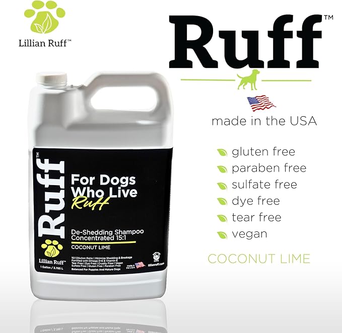 Ruff by Lillian Ruff 15:1 Concentrated Deshedding Dog Shampoo – Extra-Strength Shedding & Odor Control – Aloe, Coconut Oil & Vitamin E – Puppy Safe, USA Made - Coconut Lime – Gallon Pump