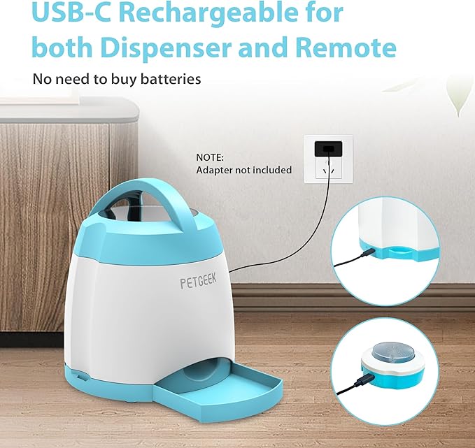 PETGEEK Automatic Dog Feeder/Treat Dispenser with Rechargeable Button Remote Control, Interactive Dog Food Puzzle & Stimulation Toys, 400ml Capacity Pet Dispensing Toy for Indoor/Outdoor Play