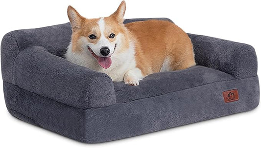 Hollypet Fluffy Plush Dog Cat Pet Couch Soft Calming Sofa Bed for Medium Small Cats and Dogs, Gray, M