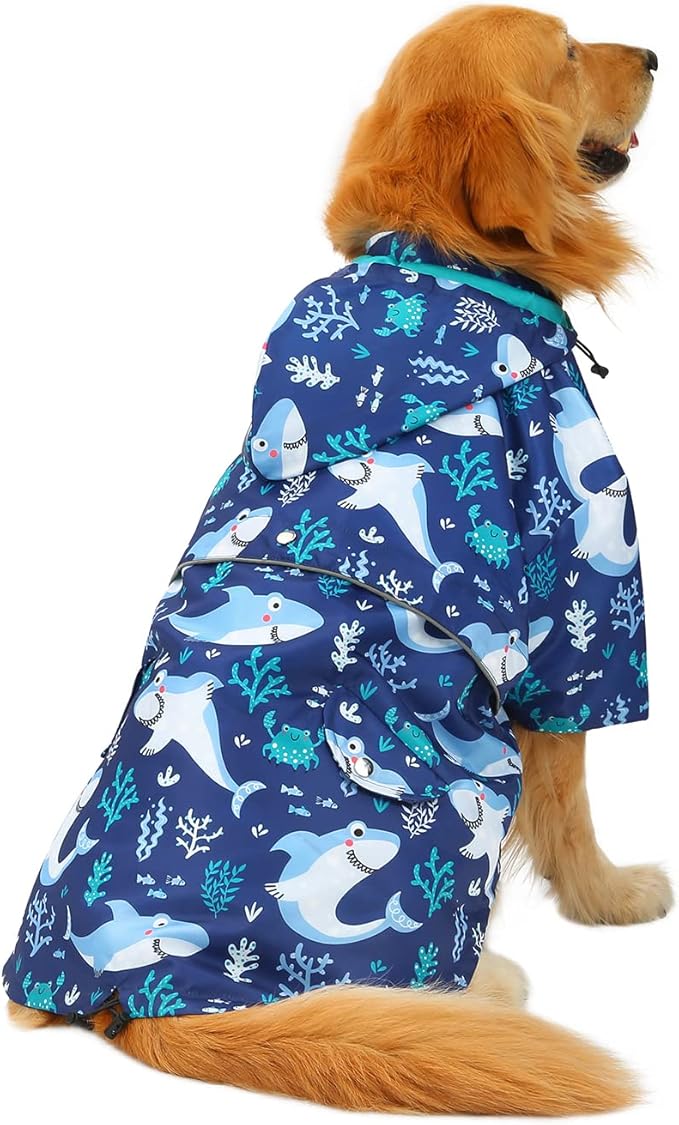 HDE Dog Raincoat Poncho Double Layer Zip Rain Jacket with Removable Hood, Leash Hole for Small to 3XL Dogs and Puppies Sharks - XL