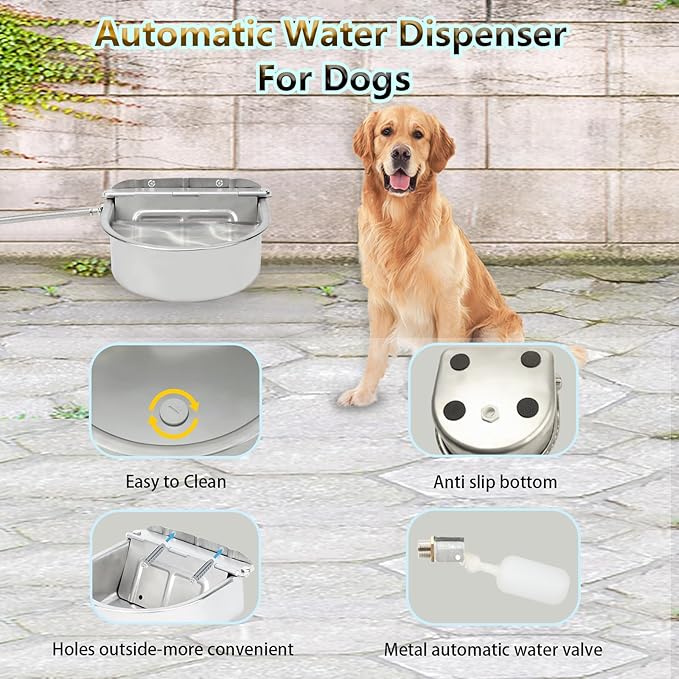 BWOGUE Automatic Water Dispenser for Dogs, 1 Gallon Outdoor Automatic Dog Water Bowl with Float Valve Stainless Steel Dispenser Fit 1/2'' and 3/4'' GHT Faucet for Dog Horse Chicken