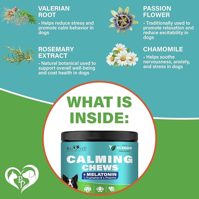 Beloved Pets Calming Chews for Dogs & Puppy - Pet Separation Anxiety Relief Soft Treats & Calm Behavior Aid - Melatonin for Sleep- Anti Stress Treatment Help with Thunder- Made in USA