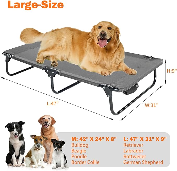 Dog Elevated Bed Foldable Portable Raised Bed Camping cot Outdoor Summer Dog Bed (Large, Grey-Textilene)