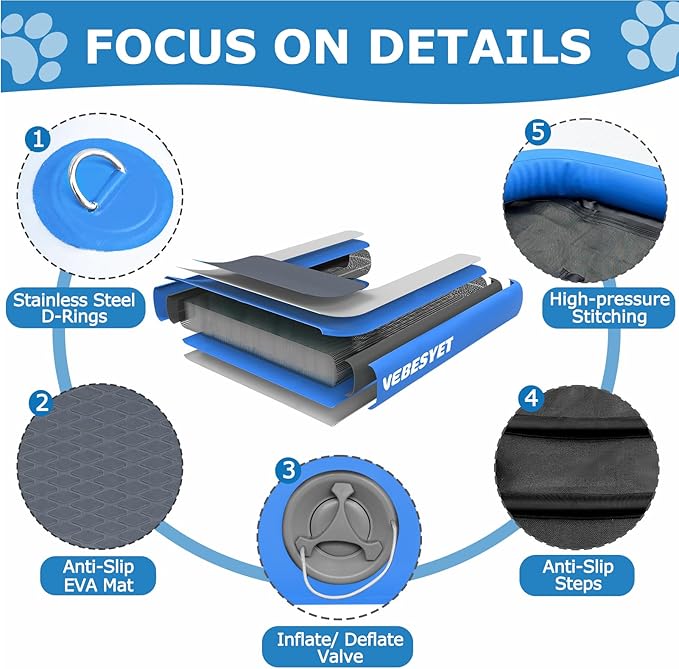 Inflatable Dog Water Ramp, 5FT Dog Floats Ramp Ladder for Pools, Boats, Docks, Sea and Lake, Non-Slip EVA Pool Ladder Platform for Pets Up to 220LBS