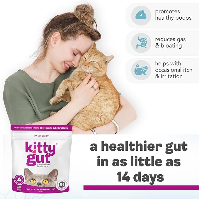 KittyGut 3-in-1 Organic Cat Probiotics & Postbiotic Supplement Powder- Made in USA-Probiotics for Cats Promote Gut Health and Cat Digestive Support, Diarrhea and Vomiting (60g)