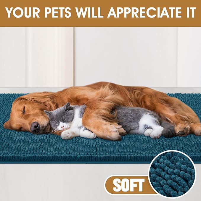 IM HOME Extra Large 71" x 25" Teal Blue Dog Door Mats for Muddy Paws, Chenille Absorbent Dog Mat, Non Slip Heavy Mud Mat for Dogs, Soft Pet Bed Mat for Entryway, Mud Paws, Inside Floor