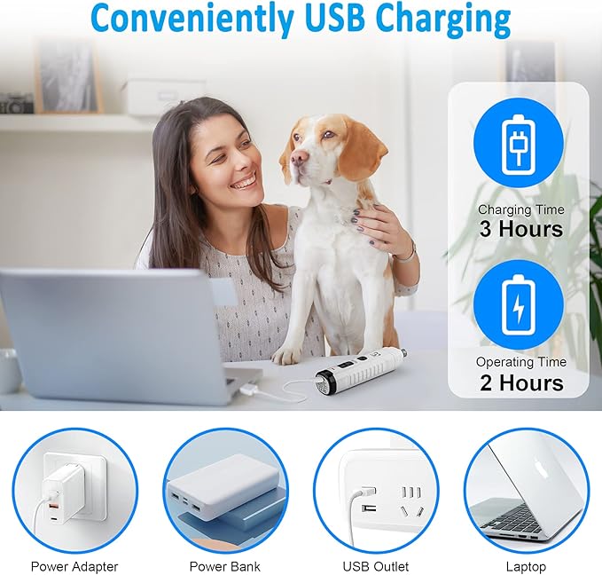 Casfuy Dog Nail Grinder with 2 LED Light for Large Medium Small Dogs - 3X More Powerful 2-Speed Electric Pet Nail Trimmer Rechargeable Quiet Painless Paws Grooming & Smoothing Tool (White)