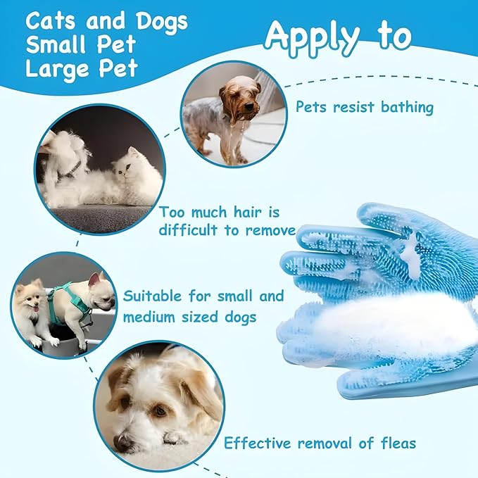1 pairs Silicone Dishwashing & Pet Grooming Gloves - 2-in-1 Heat Resistant Gloves with High-Density Teeth, Enhanced Five Finger Design for Bathing, Cleaning Dishes, Cars, Dogs & Cats (Blue)