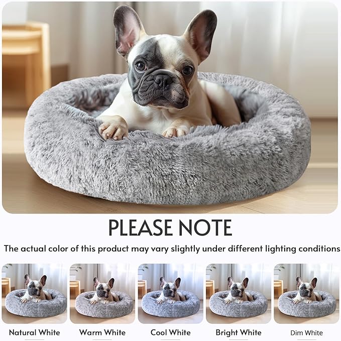 JOLLYVOGUE Large Calming Dog Bed, Anti-Anxiety Donut Cuddler Cat Bed with Anti-Slip Bottom, Fluffy Faux Fur Machine Washable Pet Cushion for Medium Large Dog & Cat, 36"/Smoke Gray
