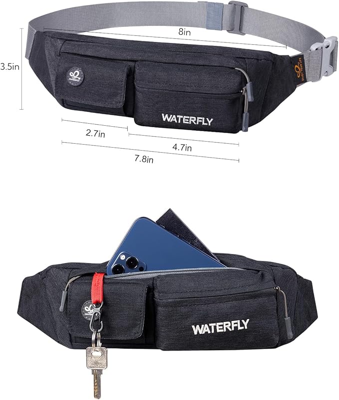 WATERFLY Fanny Pack for Women Men Water Resistant Small Waist Pouch Slim Belt Bag with 4 Pockets for Running Travelling Hiking Walking Lightweight Crossbody Chest Bag Fit All Phones…