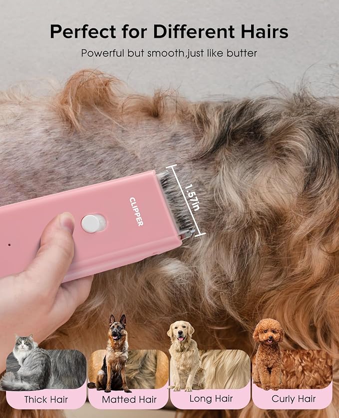 Dog Clipper for Matted & Long Hair,Quiet Pet Paw Hair Trimming Groomer,Handy Cordless Rechargeable Waterproof Shaver Kits for Cats,Small Dogs & Animals Pink