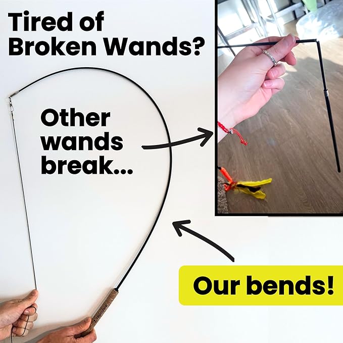 Forever Stick Ribbons - The Unbreakable Cat Toy Wand & Ribbon Attachments (3 Pc), Extra Long Durable Interactive Cat Toy for Indoor Cats, Feather Kitten Toys for Bored Indoor Adult Cats